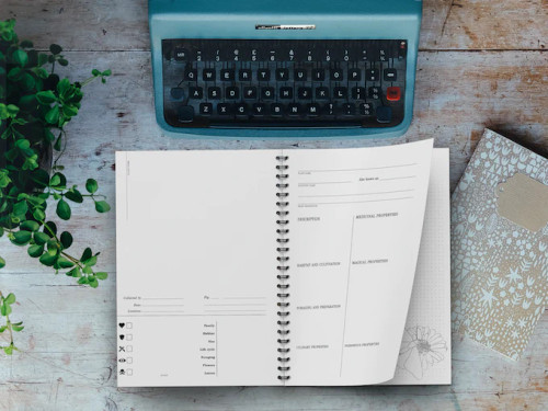 The Herbalist's Notebook interior spread, pictured beside a typewriter