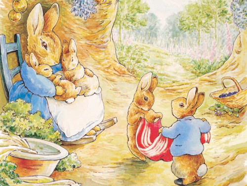 Peter Rabbit's Home puzzle image, featuring a scene from the book: rabbits at home near the trunk of a tree
