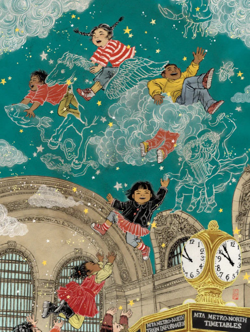 Starbright puzzle image featuring children being carried by constellations in the ceiling of Grand Central Station
