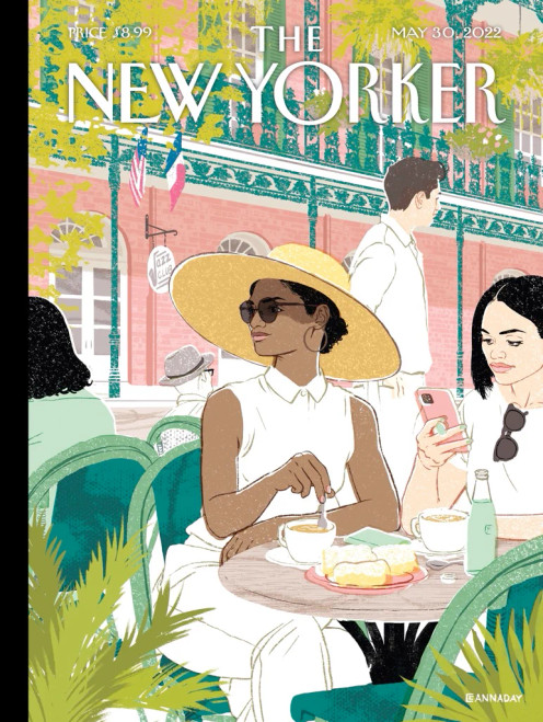 Open Vistas puzzle image, depicting a New Yorker cover in which two women enjoy coffee and beignets in an outdoor cafe