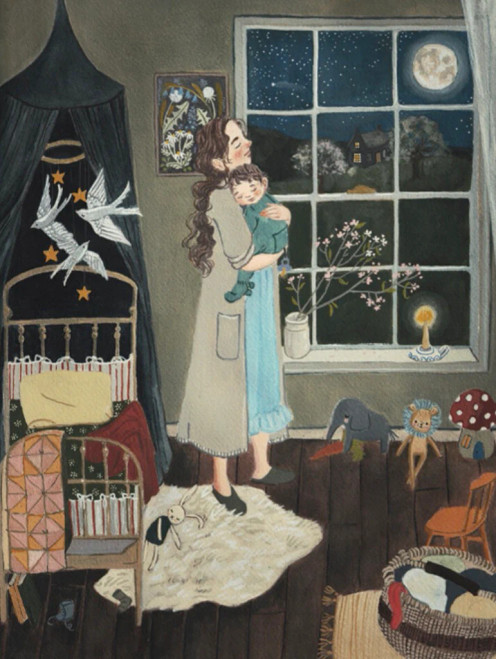 Same Moon puzzle image, featuring art of a woman holding a baby and looking out at the night sky with a full moon