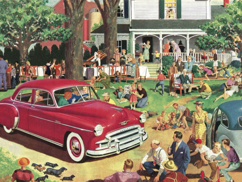 Family Reunion puzzle image, featuring dozens of people and a red car in the front lawn of a large house