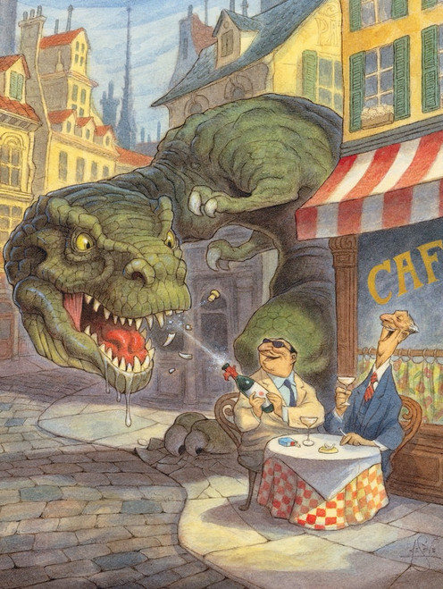 Jurassic Paris puzzle image, featuring comical art of a man popping a champagne cork toward a T-Rex at a Paris Cafe