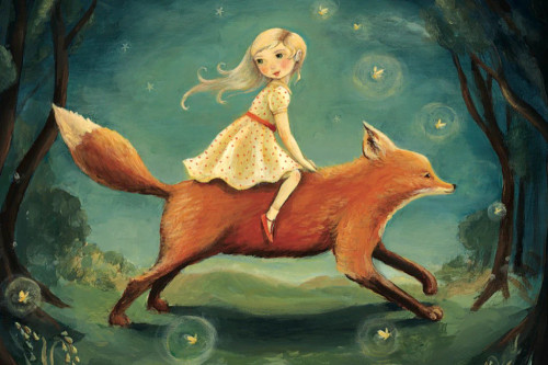 Dream Fox puzzle image, in which a young child rides a giant fox through a woodland scene