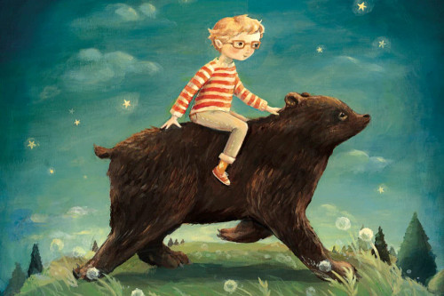 Dream Bear puzzle image, in which a young child rides a bear through a nighttime grassland scene