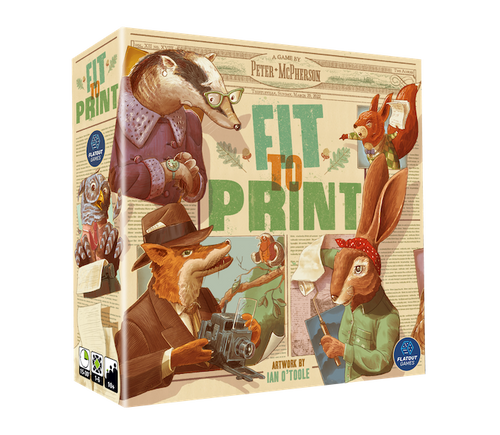 Fit to Print game box, featuring art of caricatured animal journalists