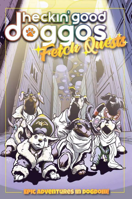 Heckin' Good Doggos Fetch Quests cover, featuring dogs in silly clothing in a city alleyway