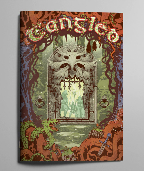 Tangled cover, featuring art of an overgrown dungeon, adventurers looking in