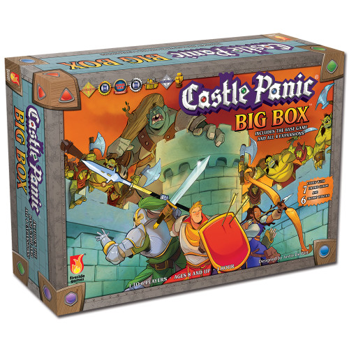 Castle Panic Big Box, Second Edition box cover depicting fantasy heroes defending a castle as monsters climb over the walls 