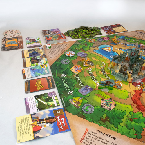 Castle Panic Big Box gameplay, featuring cards and tokens from the main Castle Panic game as well as the Engines of War expansion and Crowns & Quests expansion