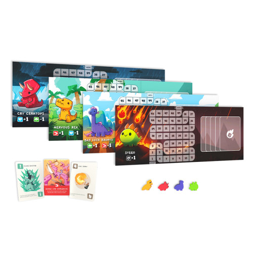 Happy Little Dinosaurs game components, including player boards, example cards and dinosaur tokens