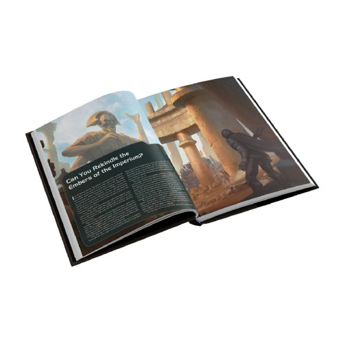 Book open to the "Can you rekindle the embers of the Imperium" chapter on the left and a picture of a ruined building with columns on the right