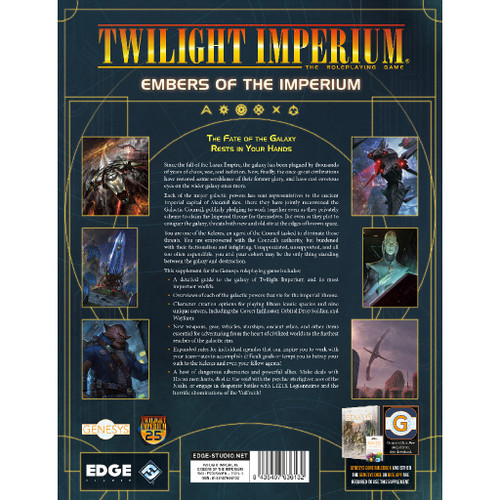 Back of book with a synopsis of the storyline of the setting framed by six pieces of art from the interior of the book
