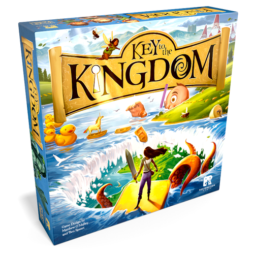 Key to the Kingdom box cover, depicting an adventurous character standing before a whirlpool with silly objects being pulled toward it