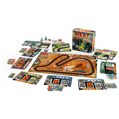 All components - box, rule books, 6 individual player boards, central racetrack board, cards, tokens
