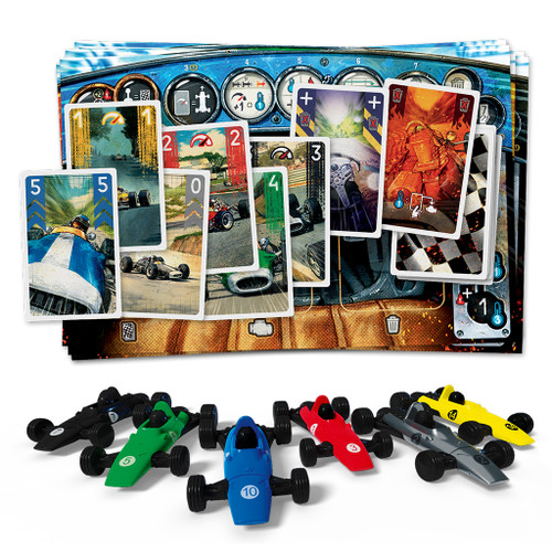 Closeup of player board, cards, and cars