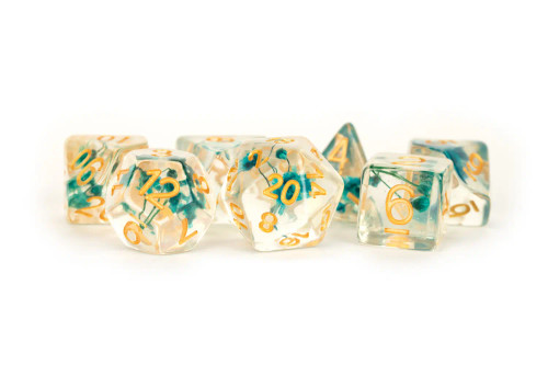 set of transparent dice with green flowers inside and yellow numerals