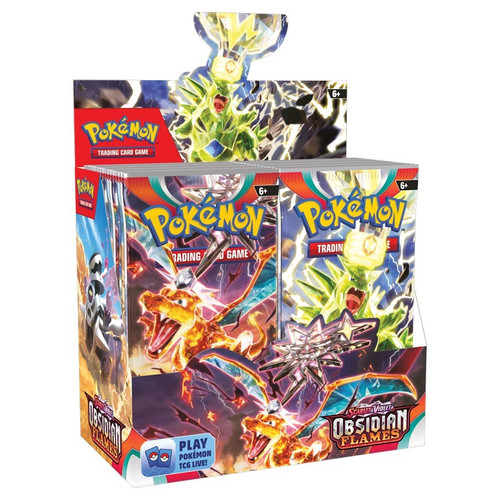 A full display of Pokemon Obsidian Flames booster packs