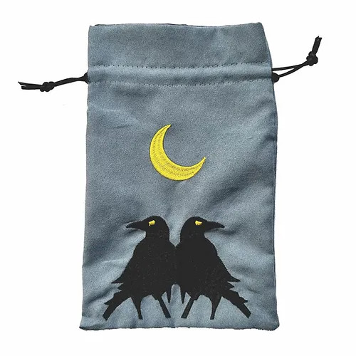 Gray dice bag with embroidery depicting two ravens and a crescent moon