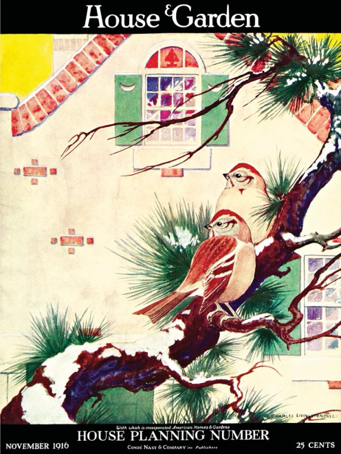 Backyard Sparrows puzzle image, depicting a House & Garden cover with an illustration of two sparrows on a branch