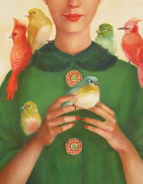 Ladybird mini puzzle image, featuring colorful birds perched on a woman's shoulders and arms
