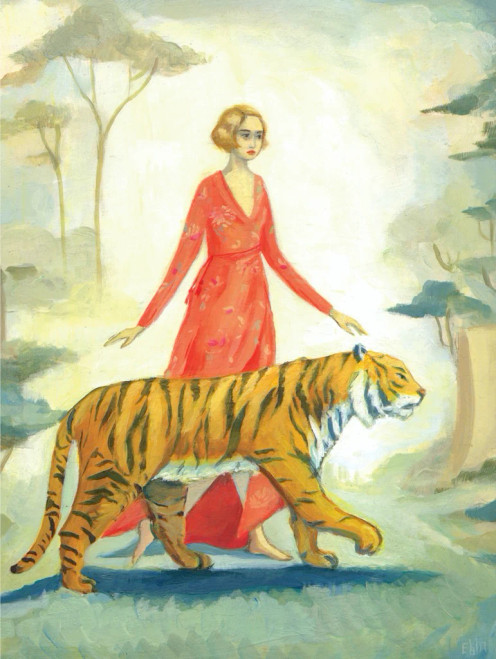 Tiger's Bride puzzle image, art depicting a woman in a red dress walking beside a tiger