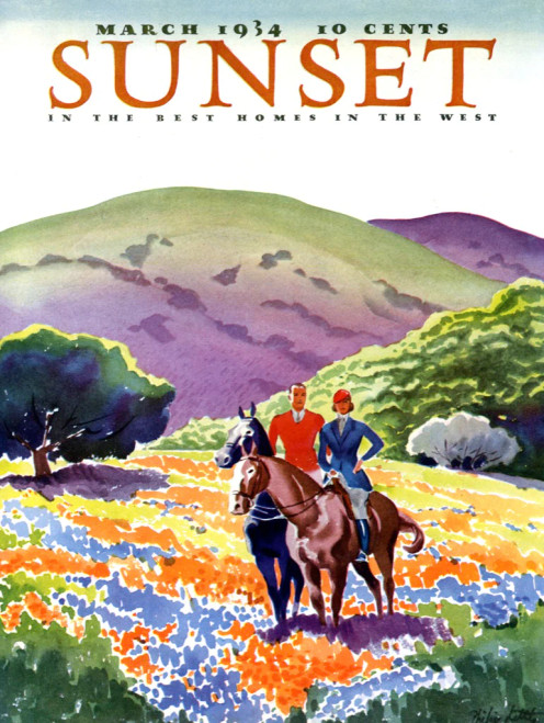 Horses in the Hills puzzle image, Sunset Magazine cover art featuring a pair of horseback riders among colorful rolling hills