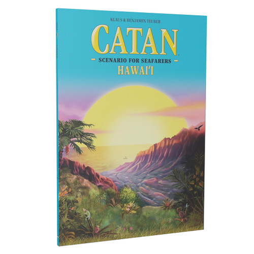 Catan Hawai'i packaging, depicting a sunset over a temperate island setting