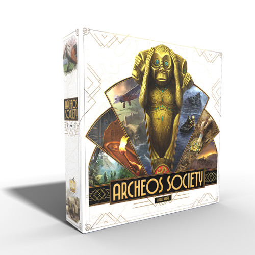 Archeos Society box, its cover art depicting a golden idol and images of exploration laid out in a fan pattern