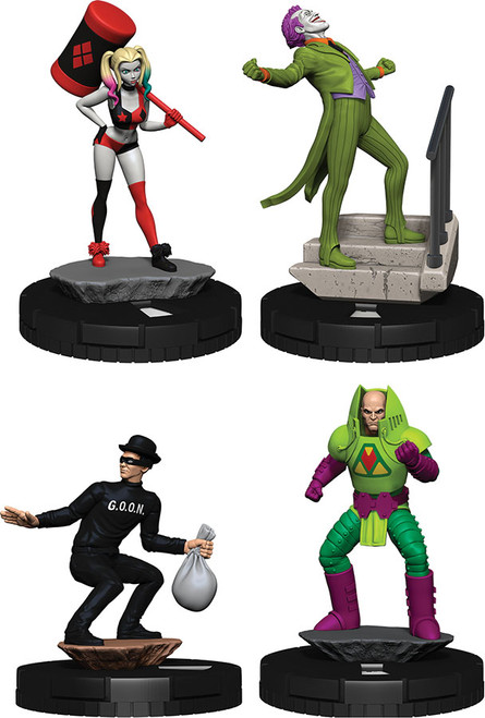 Sample figs shown: Harley Quinn, The Joker, Lex Luthor, and Goon.