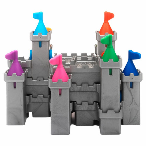 Tower Stacks gameplay, including stackable castle wall pieces with different colored flags