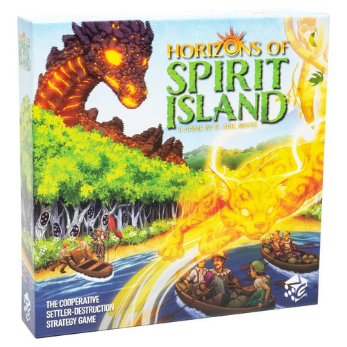 Horizons of Spirit Island box cover, depicting fantasy spirits harassing settlers as they arrive at a coast on rowboats