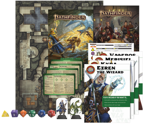 Pathfinder Beginner Box contents, including character sheets, dice, a battle map, heroes' handbook, game masters' handbook and more