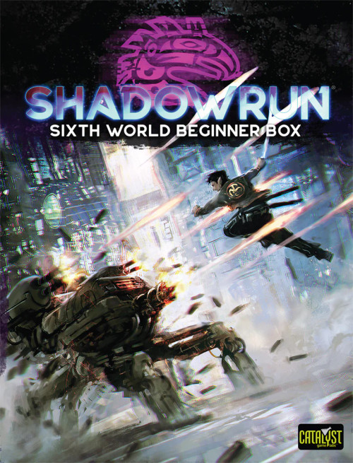 Shadowrun Sixth World Beginner Box cover art, depicting a figure with a sword leaping toward a heavily armed automaton
