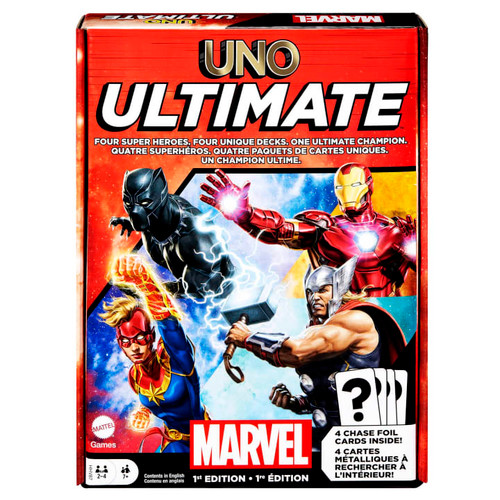 Uno Ultimate Marvel box, depicting the superheroes Black Panther, Captain Marvel, Iron Man and Thor