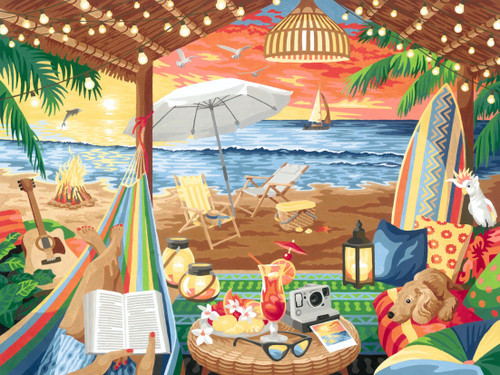 Cozy Cabana CreArt Paint by Numbers kit, depicting completed beach scene painting, palette and paints