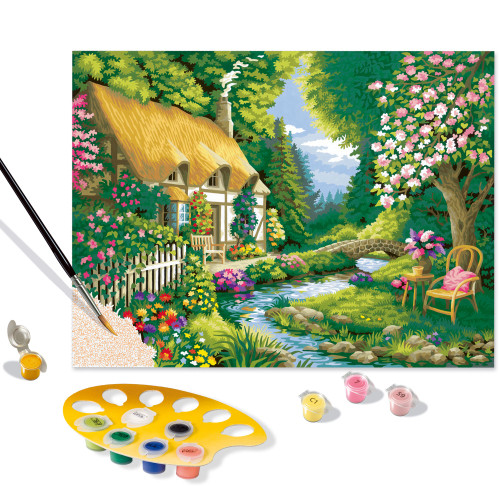 River Cottage CreArt Paint by Numbers kit, depicting completed cottage painting, palette and paints