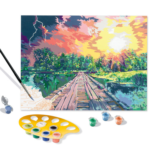 Magical Light CreArt Paint by Numbers kit, depicting completed sunset painting, palette and paints