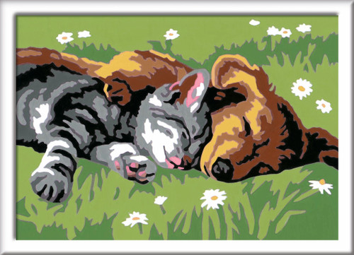Painting of a kitten and puppy cuddling in the grass