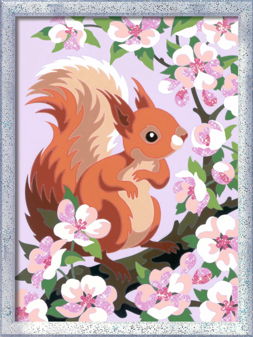 Painting of a squirrel among pink flowers