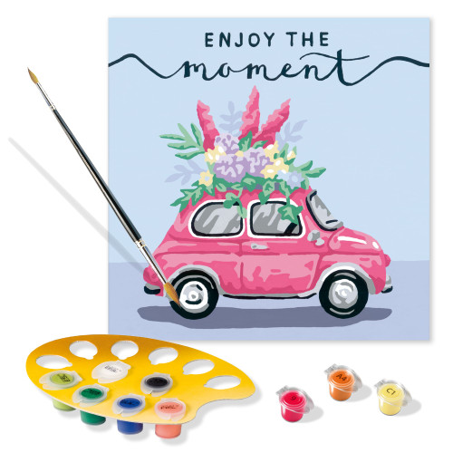 Enjoy the Moment CreArt Paint by Numbers kit, depicting completed painting, palette and paints