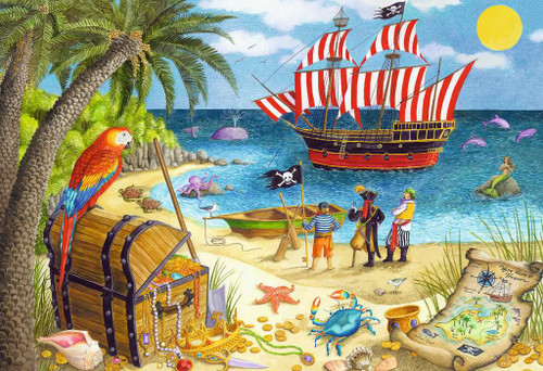 Pirates puzzle image, featuring a sailing ship and pirates on a beach among a treasure chest, parrot, map and more