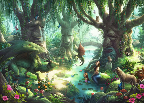 Whispering Woods puzzle image, depicting a dense woods with fantasy creatures and trees with faces