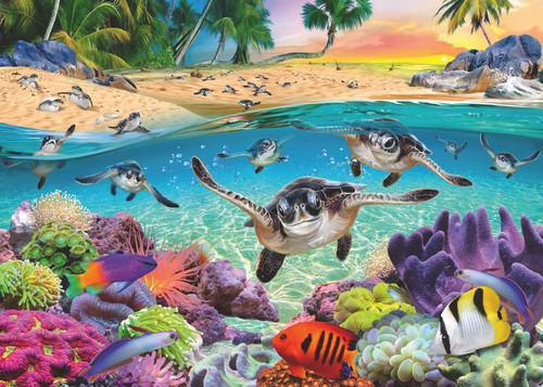 Race of the Baby Sea Turtles puzzle image, depicting a view from the sea of newborn turtles leaving the beach and swimming