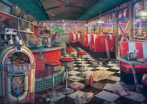 Decaying Diner puzzle image, depicting a classic diner that's been abandoned and is in disrepair