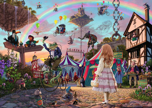 Look and Find Enchanted Circus image, depicting a girl in a dress beholding a whimsical circus of animals doing absurd tricks