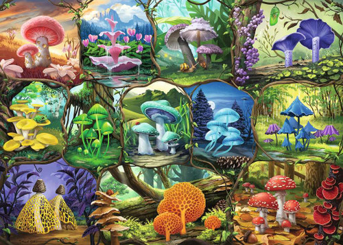 Beautiful Mushrooms puzzle image, featuring a collage of various mushrooms in vibrant colors