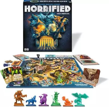the game components with bright miniatures of greek monsters