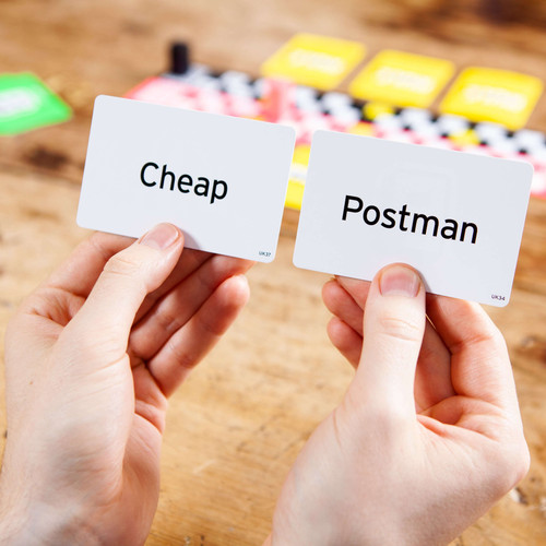 Example prompt cards reading "Cheap" and "Postman"