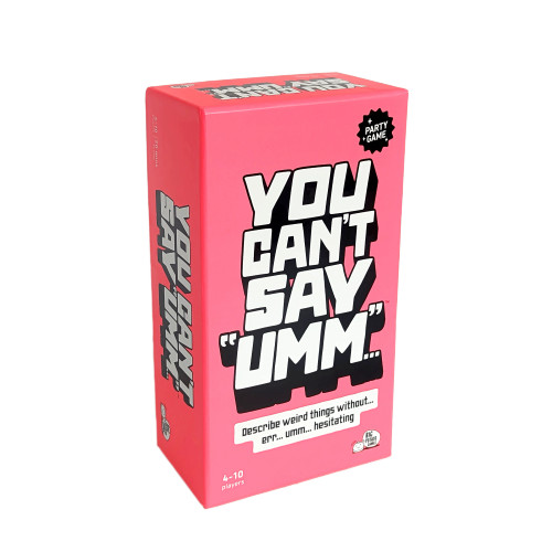 You Can't Say Umm... game box, featuring the game title on a pink field